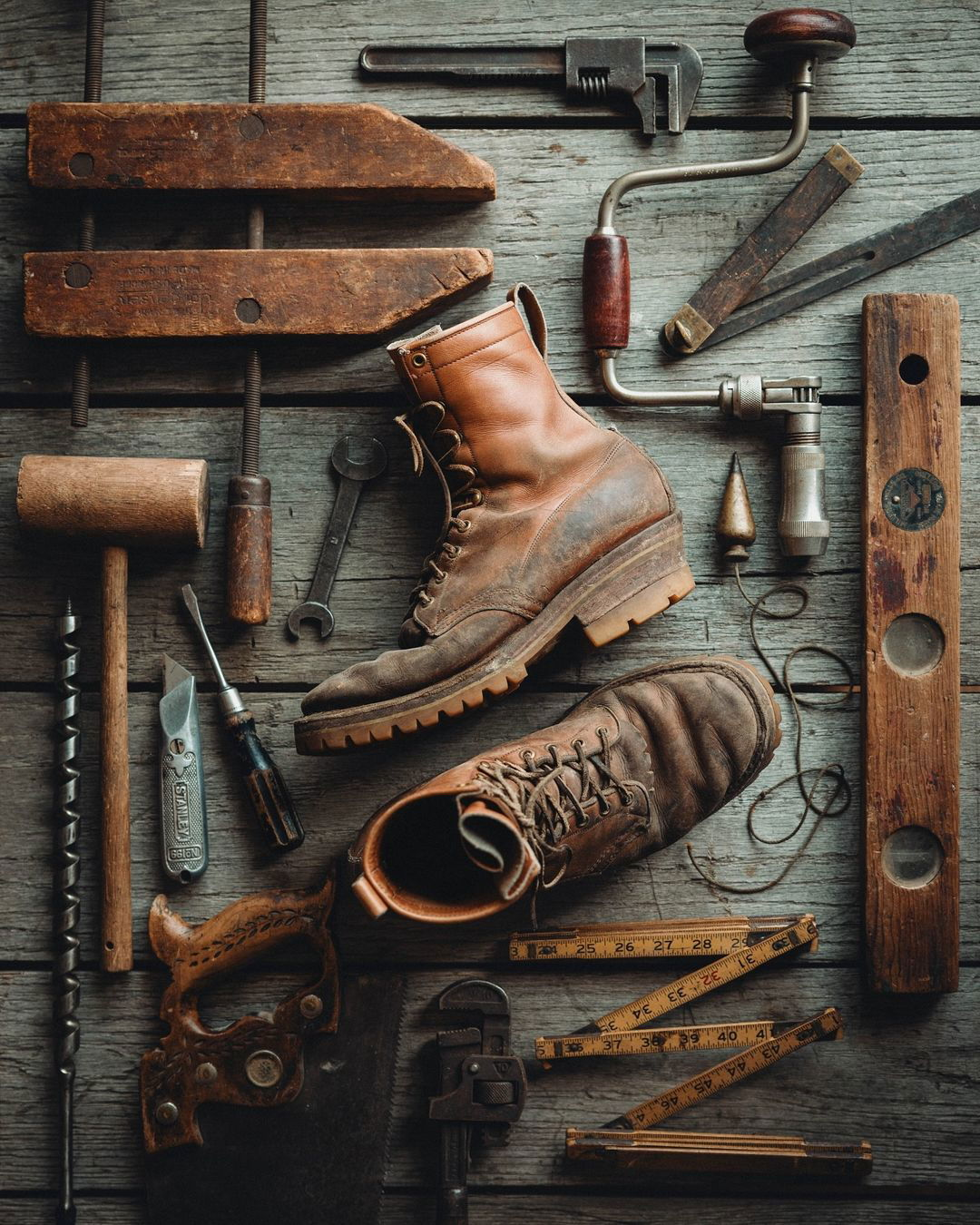 Photo by White's Boots in Spokane, Washington. May be an image of hand drill, hammer, axe, screwdriver, ruler, toecap shoes, boots, wrench and text.