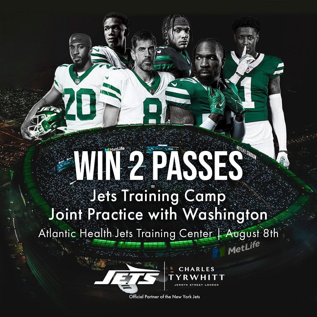 Photo by Charles Tyrwhitt on July 25, 2024. May be an image of 5 people, people playing football, football helmet and text that says 'ノぼ 2028 20 WIN MetLife 2 PASSES ESTANIN Jets Training Camp Joint Practice with Washington Atlantic Health Jets Training Center| August. 8th 出ニ1日 SCEE MetLife JETS TYRWHITT CHARLES Official OficialPertherefhNewYorkJets ariner the New York ets'.