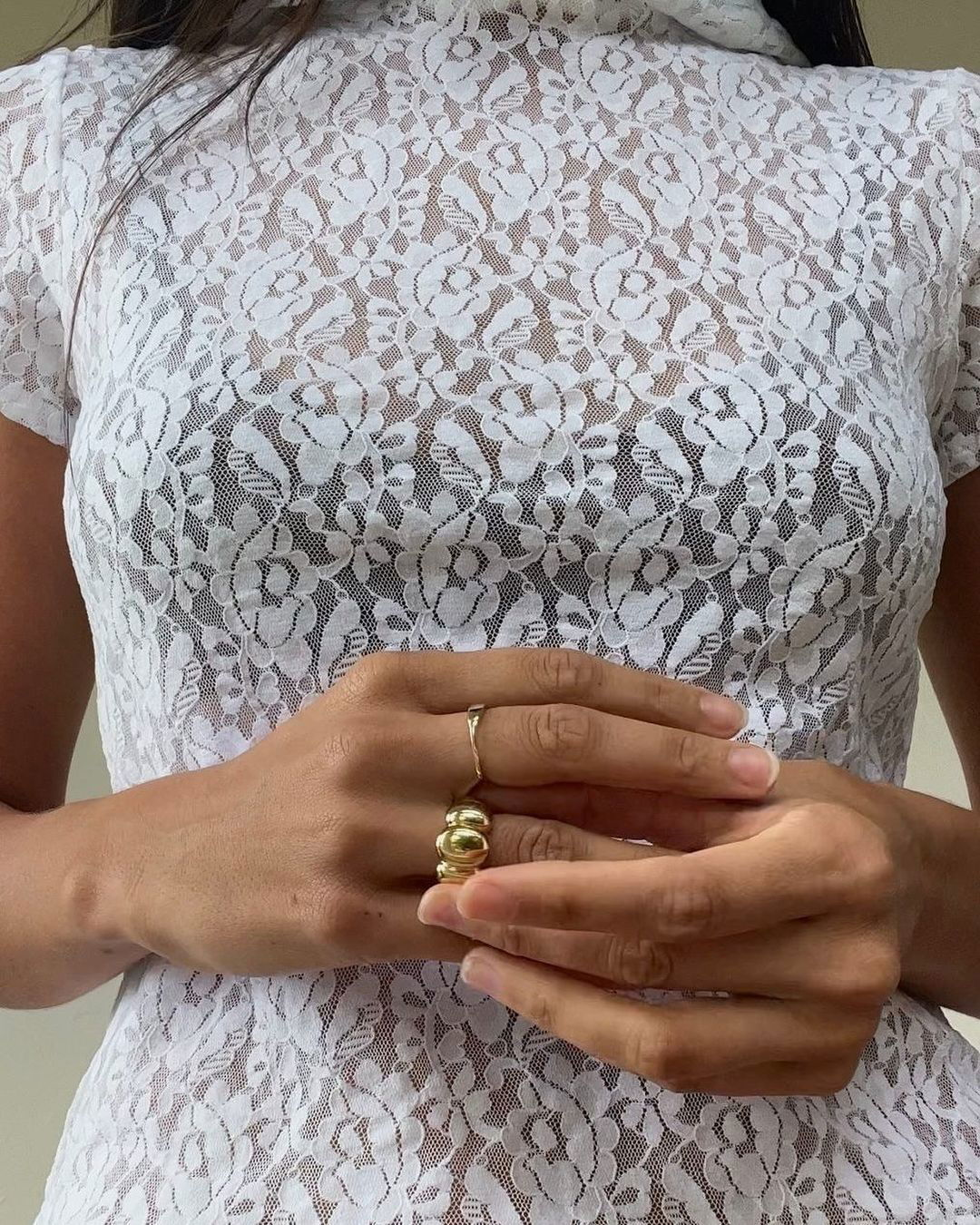 Photo by Mejuri on July 25, 2024. May be an image of 1 person, lace, ring and text.