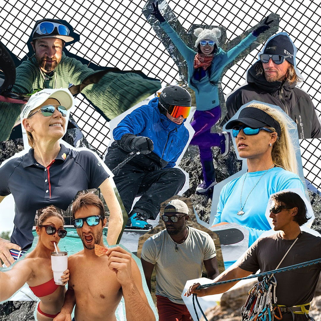 Photo shared by Revo Sunglasses on July 25, 2024 tagging @renan_ozturk, @jimmychin, @_darcizzle_, @millerbode, @annikas59, @followtiffsjourney, @steinretzlaff, @mariorigby, and @timandfin. May be an image of 8 people, people snowboarding, ski, glasses, wetsuit, sunglasses and text.