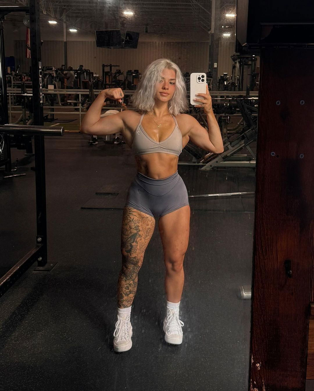 Photo shared by Gymshark on July 25, 2024 tagging @aubrielena. May be an image of 1 person, body building and text.